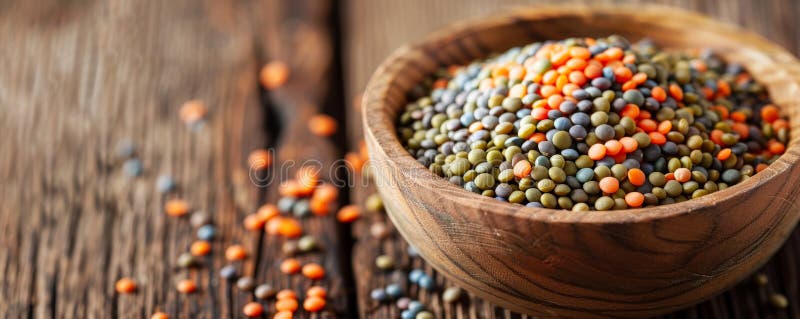 Una vista di chiusura di una ciotola di legno riempita di lenticchie colorate che presentano tonalità vibranti e fotografia stock libera da diritti