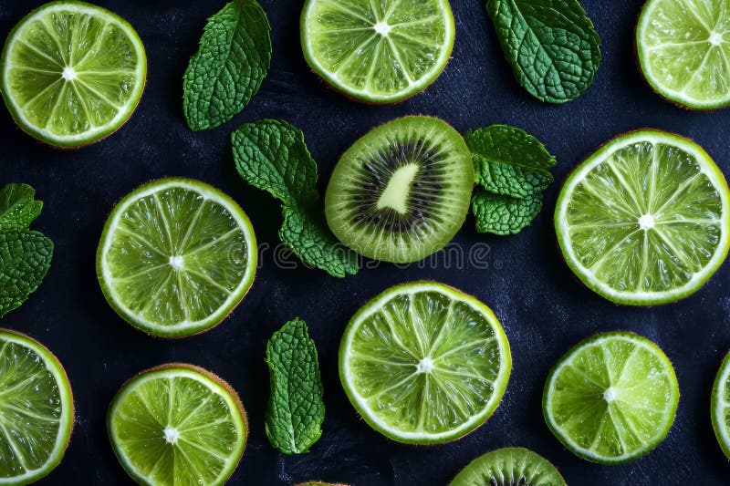 Una vista di uccelli di limoni limoni e kiwi tagliati con foglie verdi su fondo scuro immagine stock