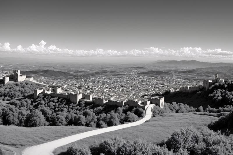 Landscape image of Panoramic view from the Rocca of Bergamo Italy (a fortress) shot in black and white Infrared with a 7. Landscape image of Panoramic view from the Rocca of Bergamo Italy (a fortress) shot in black and white Infrared with a 7