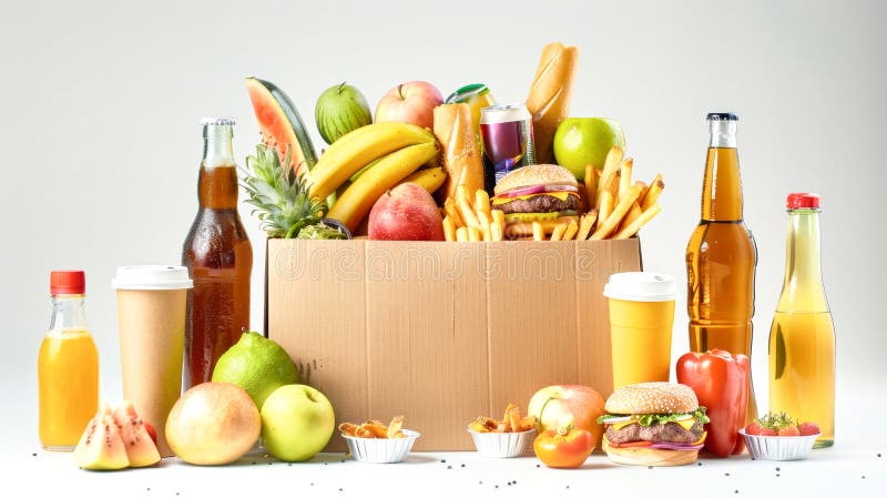 Una vivace assortimento di fast food frutta e bevande crea un'attrattiva per qualsiasi occasione illustrazione vettoriale