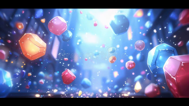 Una vivace scena di gemme colorate galleggianti in un ambiente etereo luminoso illustrazione di stock