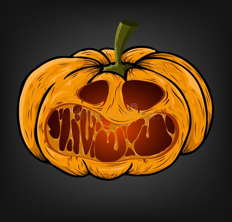 Una zucca di Halloween con una faccia raccapricciante su uno sfondo scuro