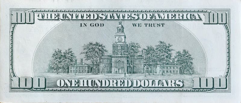 Unabhängigkeitshalle auf 100 Dollar Rückseitenahaufnahmemakrofragment der Banknote. Vereinigte Staaten Hundert Dollar Haushaltplan
