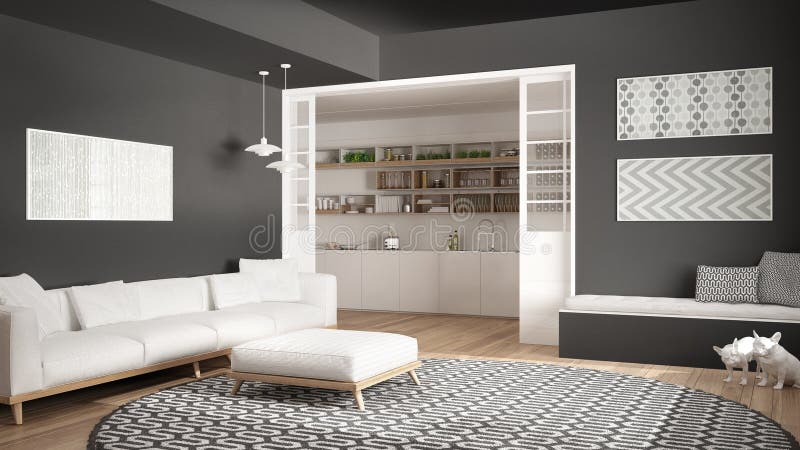 Raum Mit Sofa Und Rundem Teppich Stockfoto - Bild von houseplant