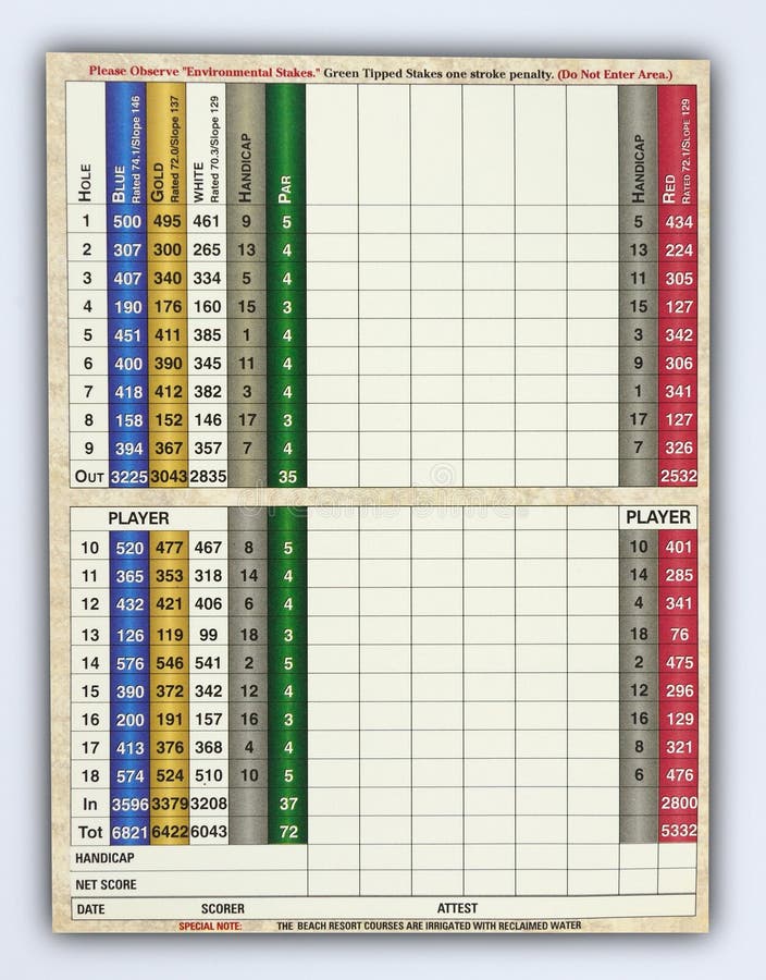 Blank golf score card for 18 holes golf course. Blank golf score card for 18 holes golf course