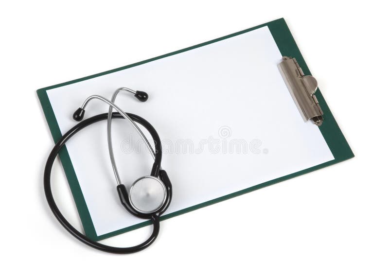 Unbelegtes Klemmbrett mit Stethoskop stockbild