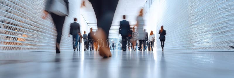 An unclear image of a group walking down a hallway stock image