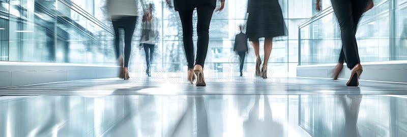 An unclear image of a group walking down a hallway stock image