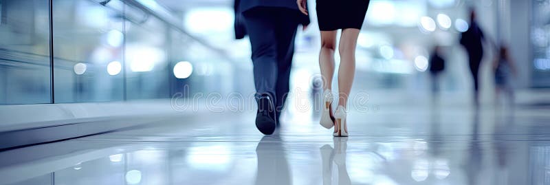 An unclear image of a group walking down a hallway stock image