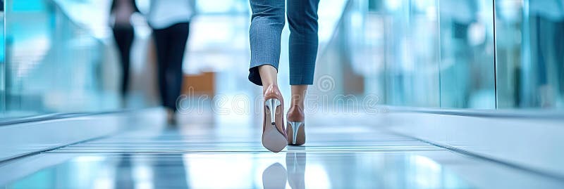 An unclear image of a group walking down a hallway stock photo
