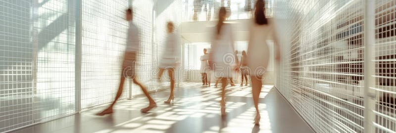 An unclear image of a group walking down a hallway stock photos