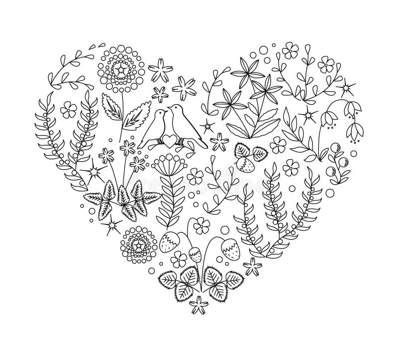Uncolored флористическое сердце с заводами и птица гнездятся нарисованный вручную вектор для вашего дизайна, карточки doodle свад иллюстрация штока Uncolored флористическое сердце с заводами и птица гнездятся нарисованный вручную вектор для вашего дизайна, карточки doodle свад иллюстрация штока