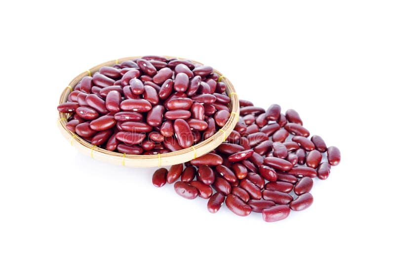 Uncooked Red Beans in Bamboo Basket on White Background Stock Photo