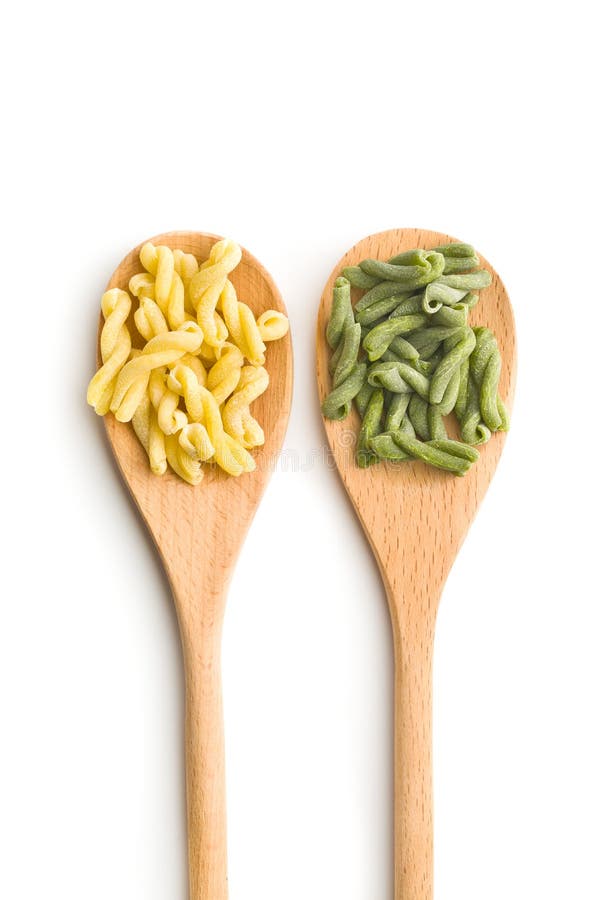 Uncooked spinach gemelli pasta