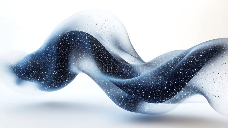 Unda curgătoare abstractă cu particule strălucitoare pe fundal alb creează imagini dinamice și liniștite reprezentând lichid și vector illustration