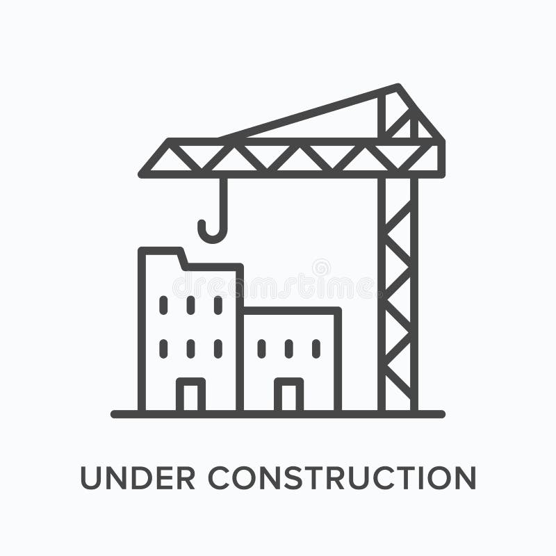 Under construction flat line icon. Vector outline illustration of tower crane and building. Black thin linear pictogram