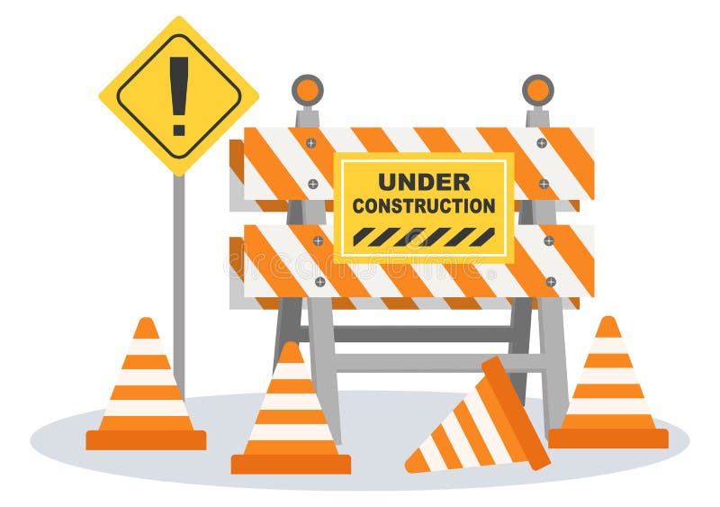 Under Construction with Symbol Worker Hold Stop or Road Sign, Tape Warning, Cone, Site Barrier. Background Vector Flat Cartoon Stock Vector - Illustration of page, business: 228084769 Under Construction with Symbol Worker Hold Stop or Road Sign, Tape Warning, Cone, Site Barrier. Background Vector Flat Cartoon Stock Vector - Illustration of page, business: 228084769
