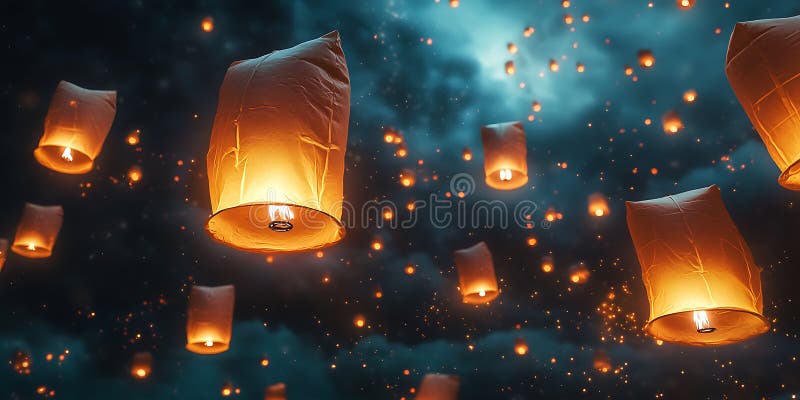 Under en Sky-Ablaze med Lanternor Wends Ascend Carried med Gentle Breezes in i natten royaltyfri illustrationer