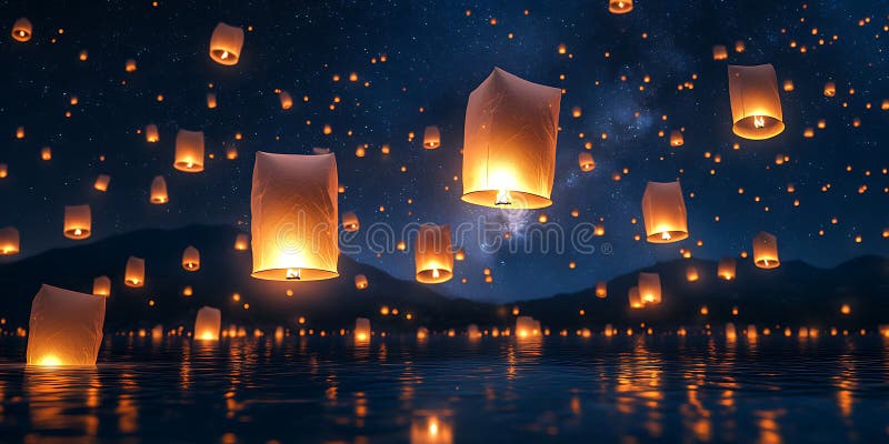 Under en Sky-Ablaze med Lanternor Wends Ascend Carried med Gentle Breezes in i natten royaltyfri illustrationer