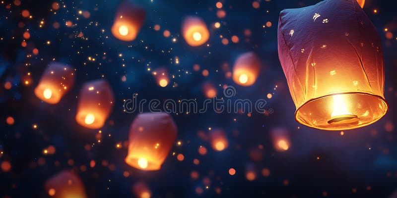 Under en Sky-Ablaze med Lanternor Wends Ascend Carried med Gentle Breezes in i natten stock illustrationer