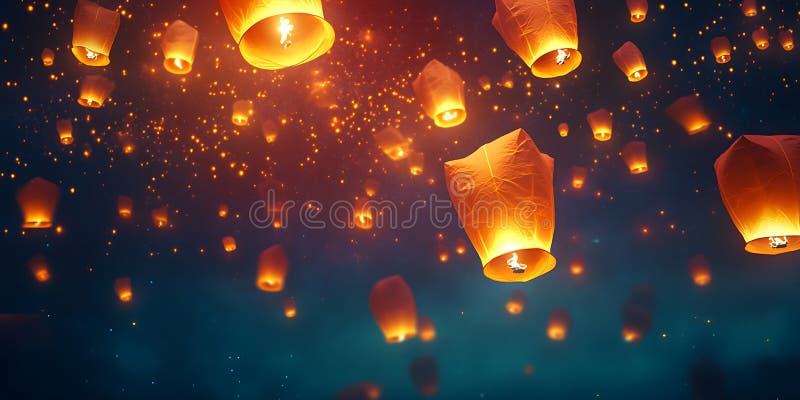 Under en Sky-Ablaze med Lanternor Wends Ascend Carried med Gentle Breezes in i natten stock illustrationer