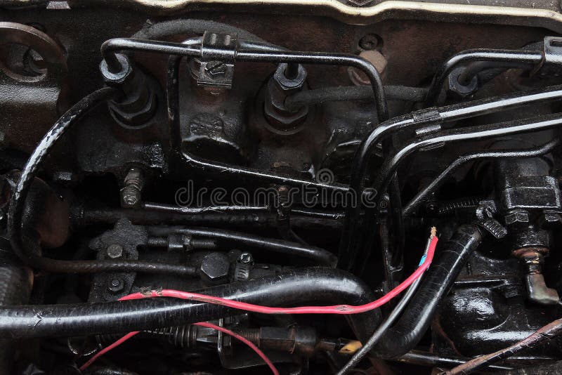 Close Up Detail Of New Car Engine Under The Open Hood Stock Photo