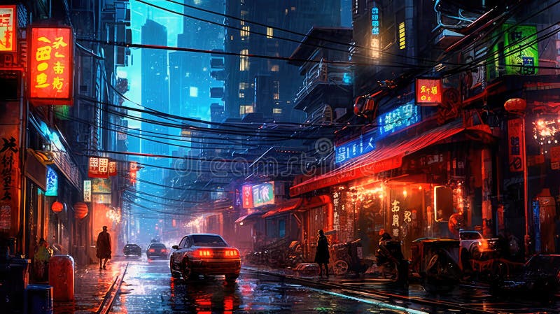 Underbar animerad cyberpunk stad målning digitalmålning natt. generativ ai. Illustration av en underbar animerad cyberpunk stad målning digital nattlapp. generativ ai-ai genererad