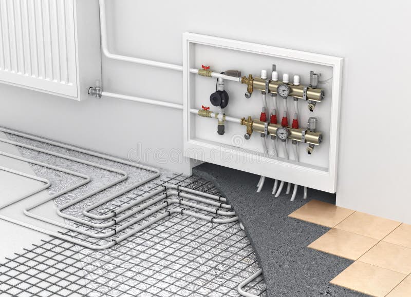 Underfloor θέρμανση με το συλλέκτη και το θερμαντικό σώμα στο δωμάτιο Συμπυκνωμένος στοκ εικόνες