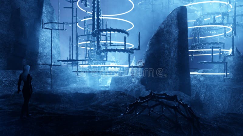 Underground Alien Structures With Glowing Neon Lights royalty free illustration