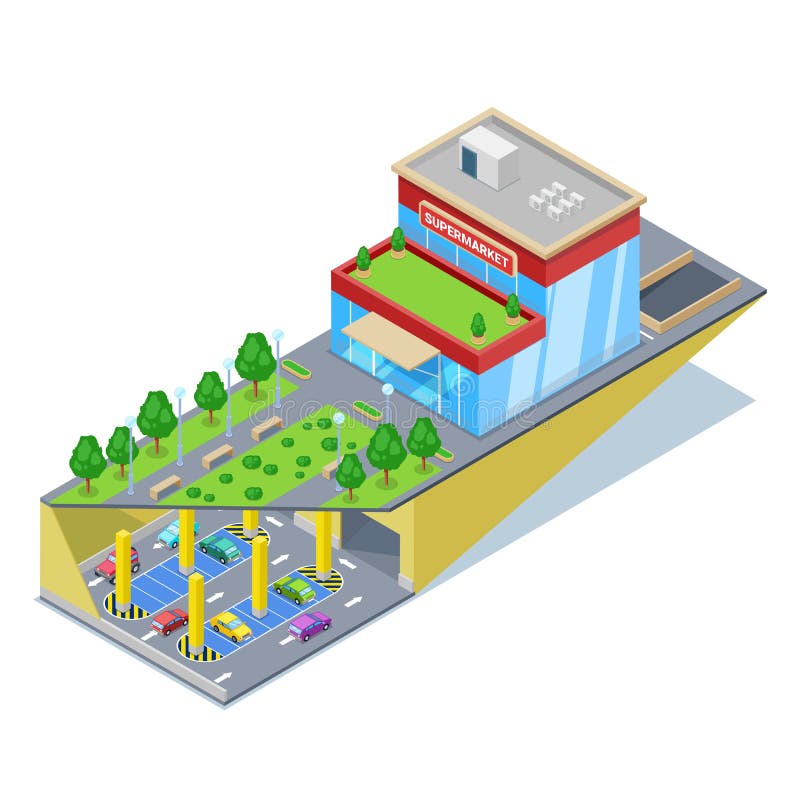 Underground car parking in shopping mall. Vector isometric 3D illustration. Urban building and city transport traffic stock illustration Underground car parking in shopping mall. Vector isometric 3D illustration. Urban building and city transport traffic stock illustration