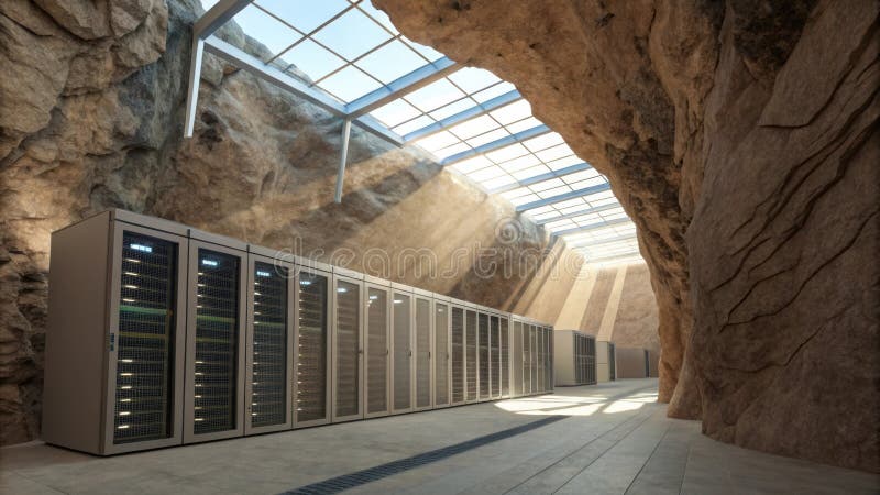 Underground data center hosting server racks in mountain cave stock image