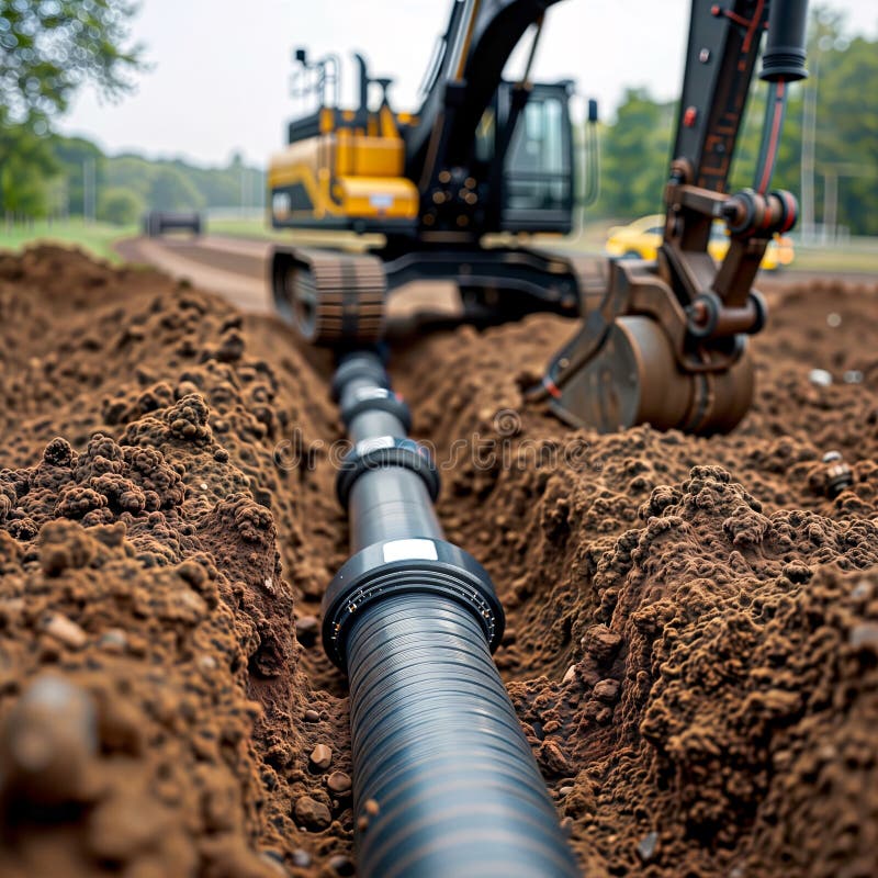 Excavator Digging Trench for Large Pipe Installation, generative ai royalty free illustration