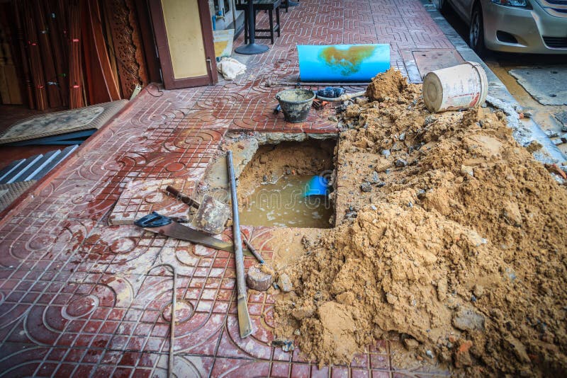 Underground PVC Pipe of the Water Supply is Broken and Being Rep Stock