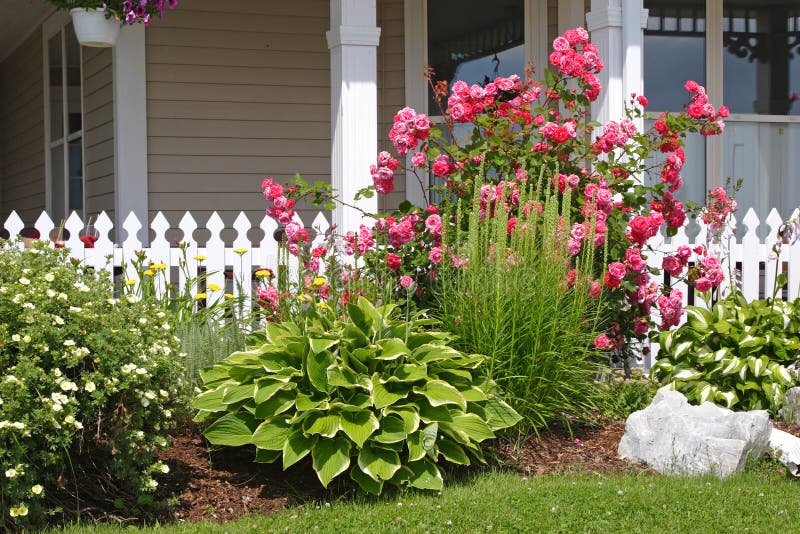 Mixed flower bed in front of a picket fence. Mixed flower bed in front of a picket fence.