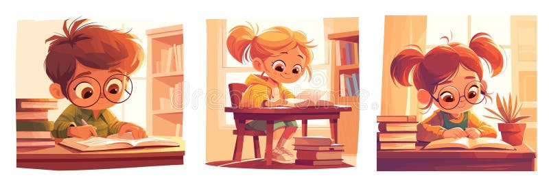 Underordnade läsa teckningsuppsättning. Barn med bok i bordsbakgrunden skolflicka skolflickskolelev vektor illustrationer