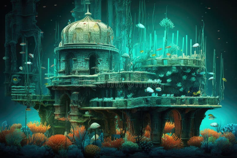 Undersea city with bio-luminescent coral architecture stock illustration