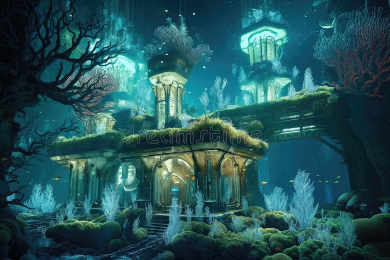 Undersea city with bio-luminescent coral architecture royalty free illustration