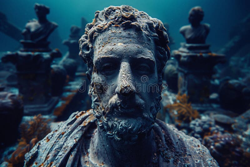 Undersea view on ancient stone statues royalty free illustration