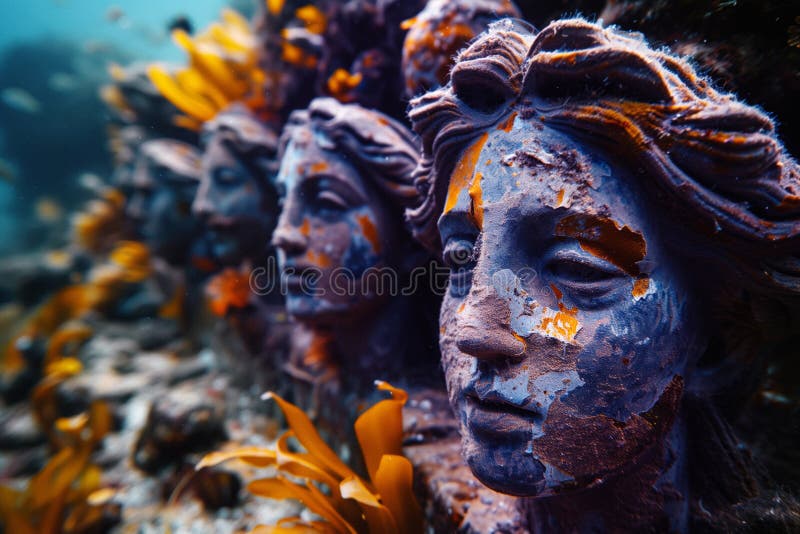 Undersea view on ancient stone statues stock illustration