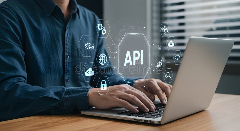 Api development concept. developer working on laptop with api icons. application programming interface for software integration and data exchange. modern technology solution. Cloud api application programming interface stock images, royalty-free photos and pictures