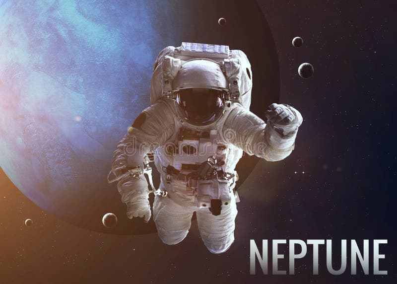 Undersökande utrymme för astronaut i Neptunomlopp royaltyfria bilder Undersökande utrymme för astronaut i Neptunomlopp royaltyfria bilder