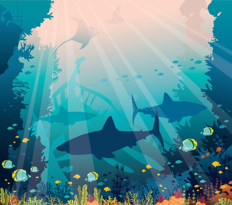 Undervattens- hav - hajar, mantas, tropiska fiskar, korallrev, su vektor illustrationer Undervattens- hav - hajar, mantas, tropiska fiskar, korallrev, su vektor illustrationer