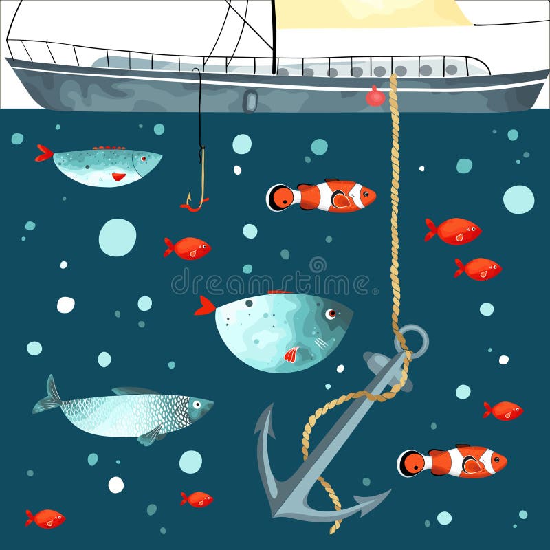 undervattens- livstid Roliga fiskar, ankare och del av skeppet vektor illustrationer undervattens- livstid Roliga fiskar, ankare och del av skeppet vektor illustrationer