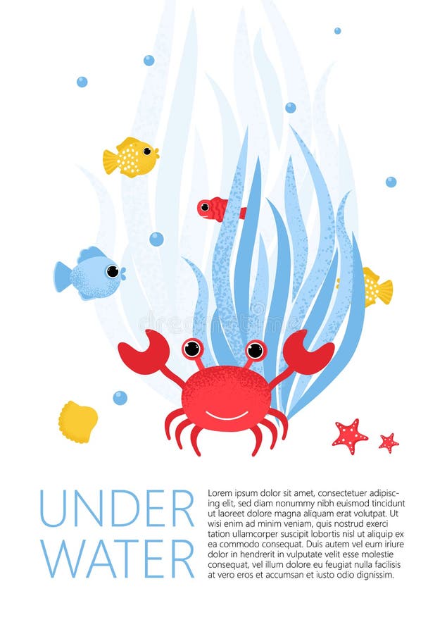Underwater banner with fishes, crab and ware stock illustration Underwater banner with fishes, crab and ware stock illustration