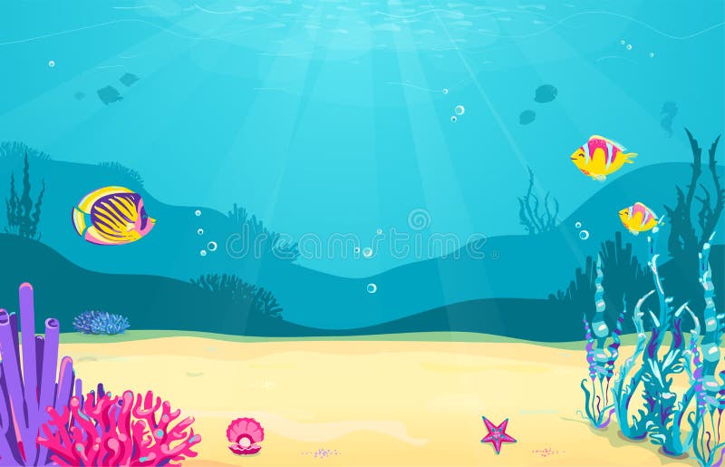 Underwater cartoon background with fish, sand, seaweed, pearl, jellyfish, coral, starfish. Ocean sea life, cute design