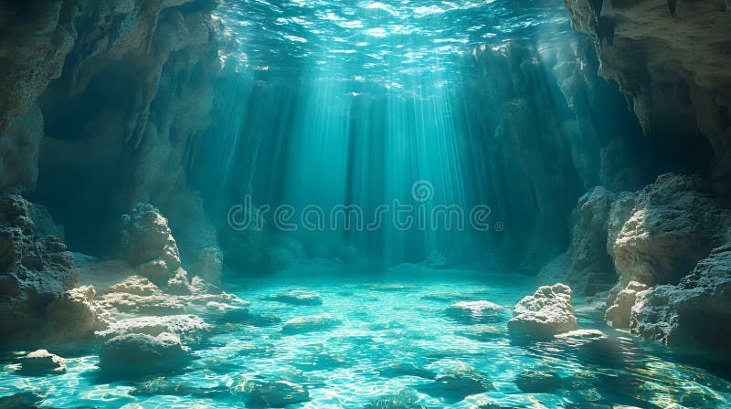 Underwater cave with sunbeams shining through the opening stock illustration