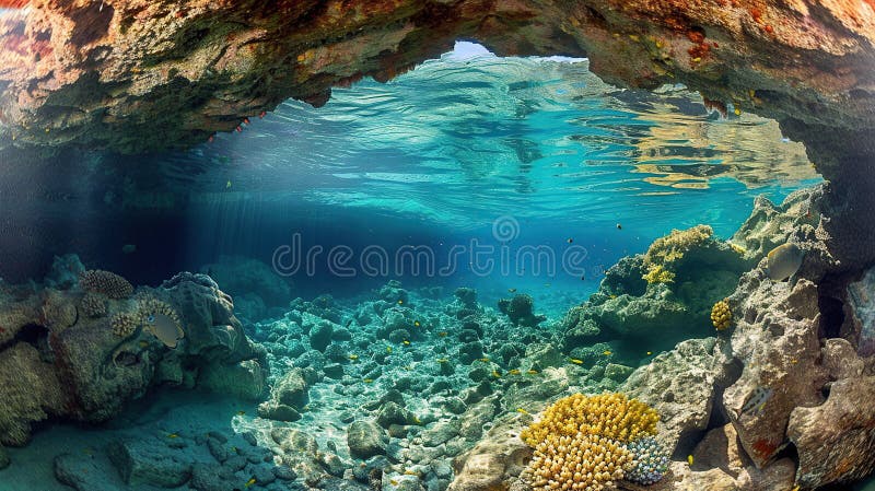 Underwater Cave with Sunbeams Shining Through royalty free illustration