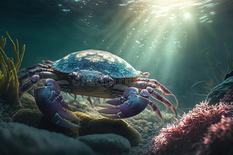 Underwater Closeup Picture of the Crab and Sunlight in the Ocean Reef