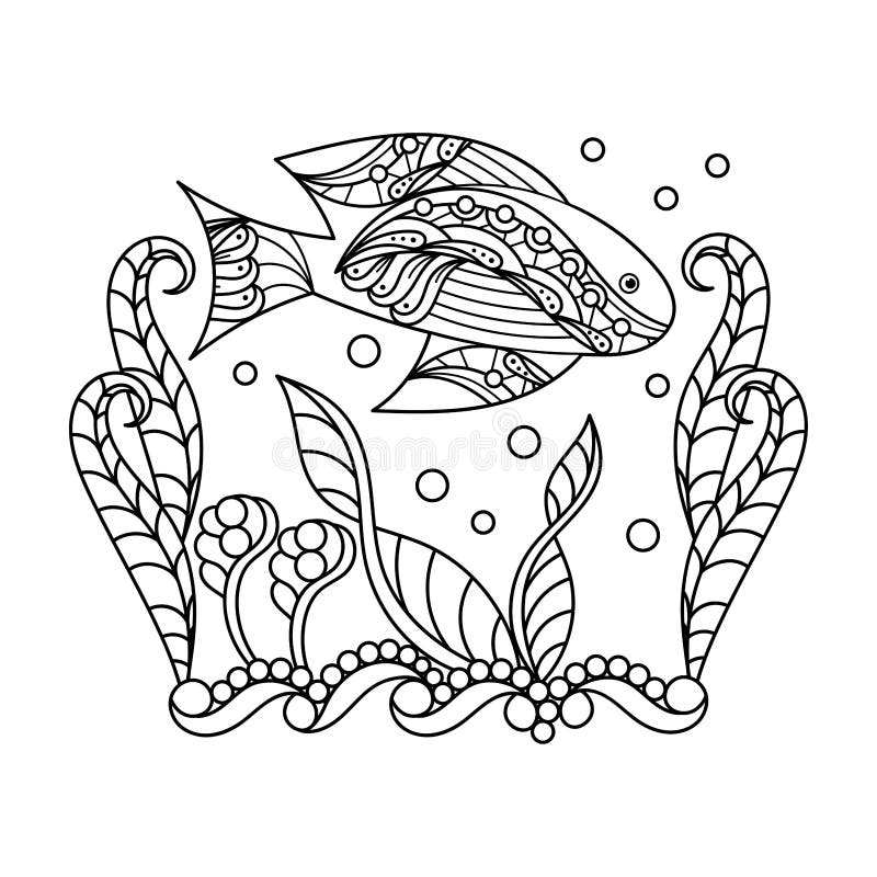 Underwater Coloring Book Page for Adult and Older Children. Fish and