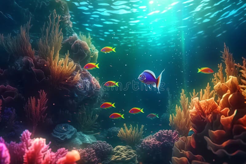Underwater coral reef with small fish illustration ai generated